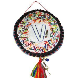 Handmade Embroidered Monogram "V" Wall Hanging - 9 inches w/ Rainbow Colors